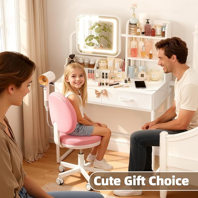 Compact Makeup Vanity for Girls with Mirror and Lights, White Vanities Desk with 2 Drawers and Charging Station, Modern LED Lighted Bedroom Dressing Table