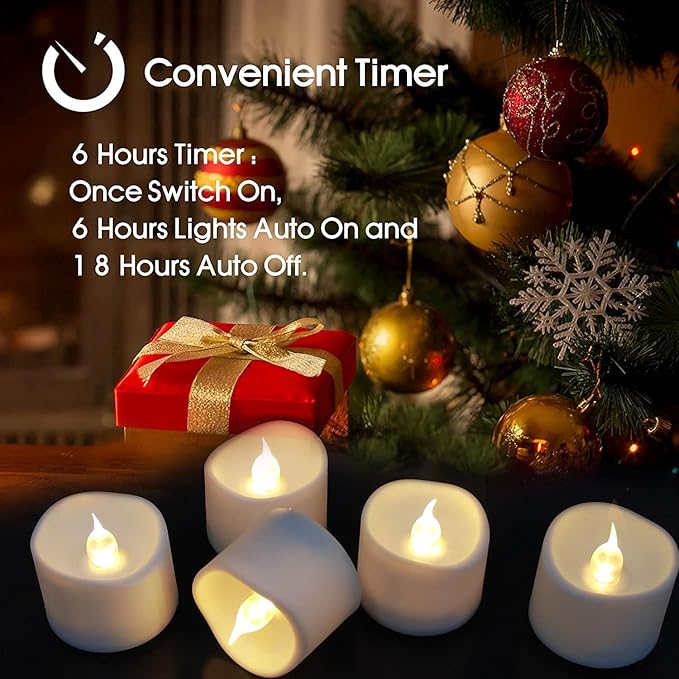 Flickering Flameless Led Tealight Candles with Timer, 6 Hours On and 18 Hours Off in 24 Hours Cycle Automatically Battery Votive Candles for Home Decoration,12 Pack,Warm White