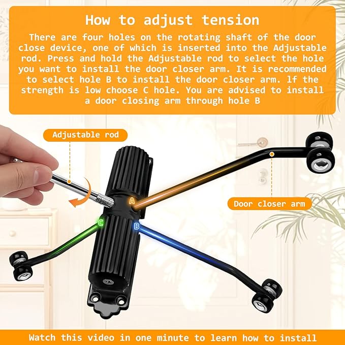 Automatic Door Closer - Heavy Duty Automatic Safety Spring Door Closer, Adjustable Tension Spring Action, for Wooden Doors up to 140 lbs with, Installation Hardware (Black)