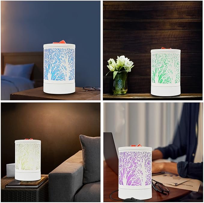 Fragrance Wax Melts Warmer with 7 Colors LED Changing Light Classic Black Forest Design Scent Oil Candle Warmer for Home White Tree