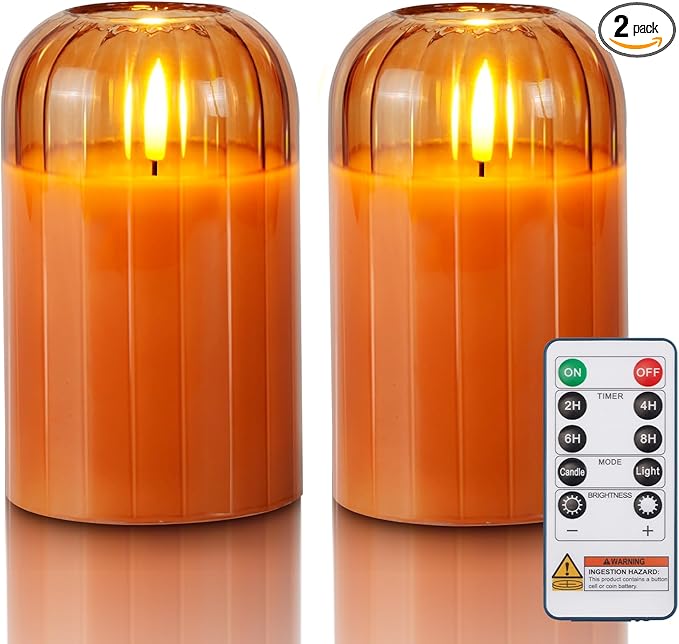 Homemory Glass Flameless Candles, Battery Operated Plliar Candles Realistic Flickering, LED Electric Light with Remote and Timer for Home, Christmas Decoration, Orange, Set of 2