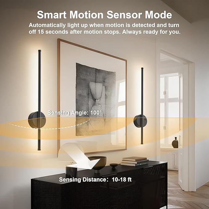 Motion Sensor Battery Operated Wall Sconce Set of Two - Modern Rechargeable Wireless Wall Lights with Remote Control, Dimmable, 3000K/4000K/6000K, Timer for Living Room, Hallway, 23.6 Inch, Black