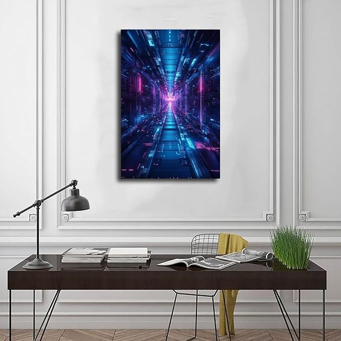 XAHOR High-Tech Digital Abstract Wall Art – Glowing Geometric Canvas Print – Minimalist Futuristic Aesthetic Home Decor Canvas Posters Wall Art Bedroom Office Room Decor Gift 20x30inch(50x75cm)