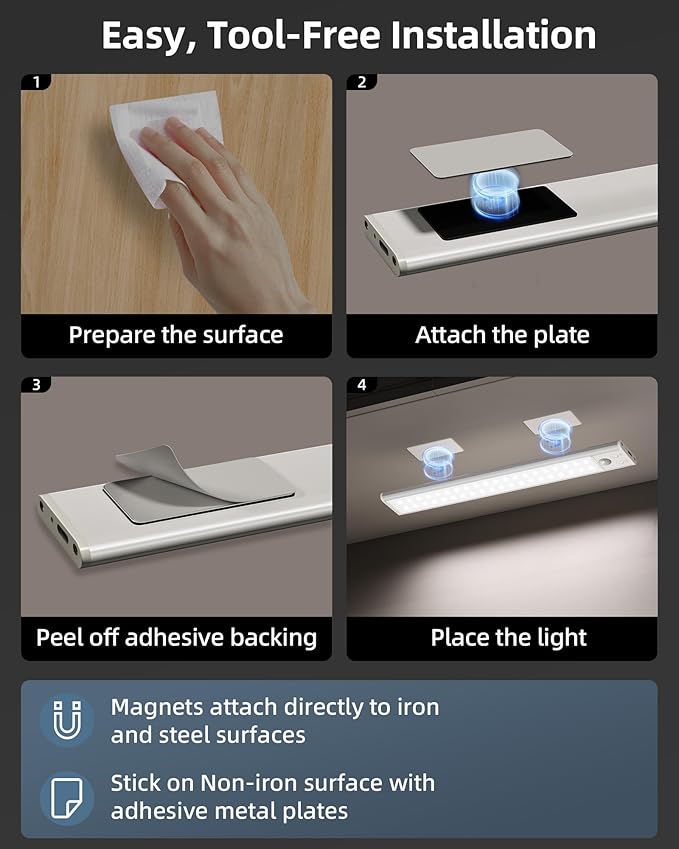 10inch Under Cabinet Lights, Wireless Closet Light, Motion Sensor, 1800mAh Rechargeable Battery, Magnetic, 3 Color Temps, 5 Levels Dimmable, Under Counter Lights for Kitchen (2 Pack)