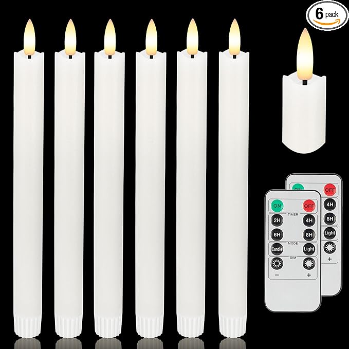 Flameless Taper Candles with Two Rmote, 9.6" Real Wax Battery Operated Candles with 3D Wick, 6 Pack Led Candle Flickering Candlesticks, Electric Candle for Home, Wedding, Party, Decor, White