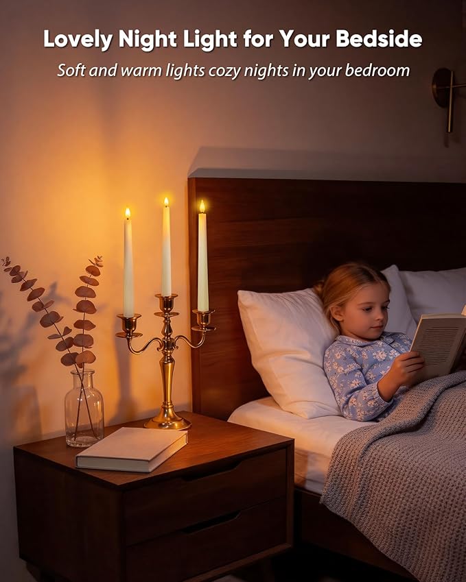 Homemory 2 Pcs Waxy Flameless Taper Candles with Remote, Flickering Battery Operated Taper Candle, Led Flameless Candlesticks Classic Tall Candles for Home, Wedding, Party, Ivory, 9.6 inches