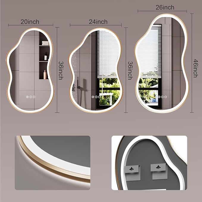 WTTY LED Irregular Bathroom Mirror 24x36 Inch with Front & Back Lights - Asymmetrical Design, Anti-Fog, Dimmable 3 Color Temperatures, Shatterproof Glass, Horizontal or Vertical Mount (Gold Frame)