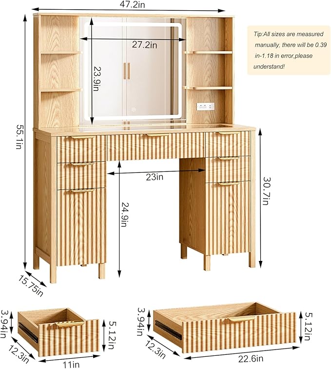 Vanity Desk with Large 27.2" Mirror and Lights 47.2" Fluted Makeup, 5 Drawer Vanity with Power Strip, 4 Open Shelves, 2 Cabinet, Modern Bedroom Vanity Featuring Visual Transparent Glass. Wood