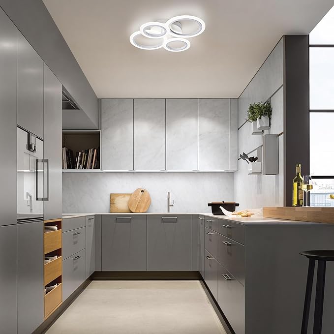 Vikaey Modern LED Flush Mount Ceiling Light, 4 Rings White Close to Ceiling Light Fixtures, Kitchen Lighting Fixture Ceiling Lamp for Bedroom, Living Room, Laundry Room, 4000K Not Dimmable