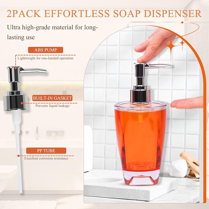 4-Piece Warm Orange Acrylic Bathroom Accessories Set — Soap Dispenser, Toothbrush Holder, Soap Dish & Mouthwash Cup, Vanity Countertop Organizer for Orange Boho Bathroom Decor