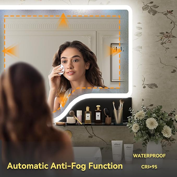 32"x 48" LED Bathroom Mirror with Shelf, 3 Colors Backlit Vanity Mirror with Lights, Wall-Mounted Large Bathroom Mirror with Lights, Smart Mirror with Anti-Fog, Stepless Dimmable, Memory (ETL)