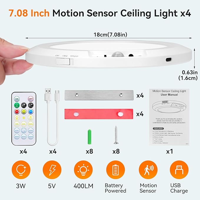 Rechargeable Motion Sensor Ceiling Light Indoor Outdoor w/Remote, 7.08 Inch Battery Operated Flush Mount Ceiling Light 3000K 4000K 6000K 400LM Dimmable for Closet Hallway Laundry Stairs (4)