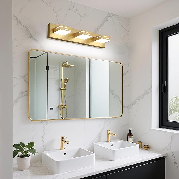 LED Modern Bathroom Vanity Light Fixtures, 3-Light 22-inch Dimmable Gold Vanity Lights for Bathroom Lighting Fixtures Over Mirror, with 350° Rotatable Heads (Cool White 6000K)