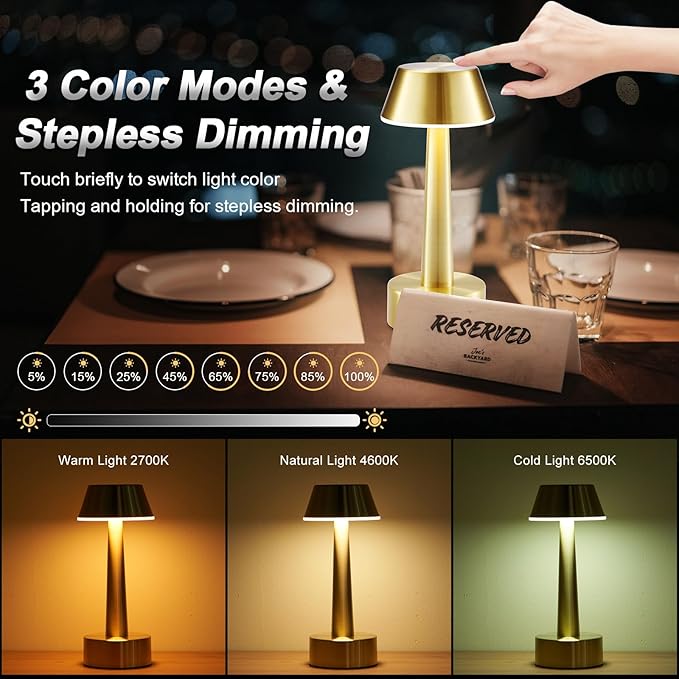 2 Pack Small Cordless Table Lamp, Battery Operated Gold Lamp for Restaurant Dinner Table, Rechargeable 3-Way Dimmable Touch Light Portable Metal Night Light for Bedside Dining Room Patio Bar Outdoor