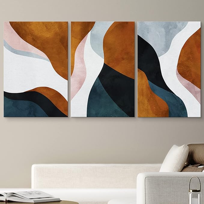wall26 Wall Art Print Set Wavy Brown, Blue & White Geometric Landscape Patterns Shapes Digital Art Modern Art Boho Scenic Relax/Calm for Living Room, Bedroom, Office - 16"x24" x 3