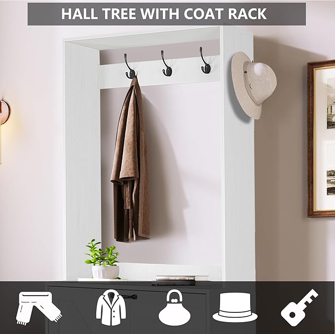 Betoko Hall Tree with Shoes Storage,Farmhouse Entryway Coat Rack Wooden Hallway Mudroom Tree Bench Corner Tree Cabinet with 5 Coat Hooks and 2 Shoes Cabinets and Open Shelf(Rustic White)