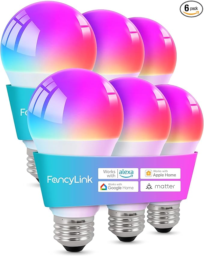 Matter Smart Light Bulbs, Color Changing Light Bulb, hub Required, A19 60W,2.4Ghz WiFi only,Compatible with Alexa Google Assistant, Apple Home,16 Million Colors RGBCW 800 Lumen,6 Pack
