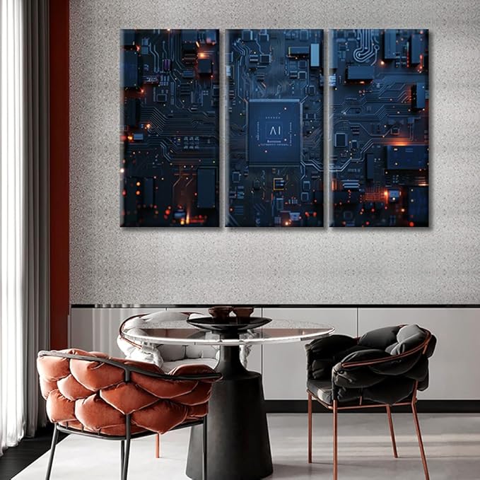 3 Panel Canvas Prints Motherboard Digital Chip Wall Art Circuit Board Pictures Wall Painting Advanced Circuitry Artwork for Home Decor Stretched and Framed Ready to Hang (42"Wx28"H)