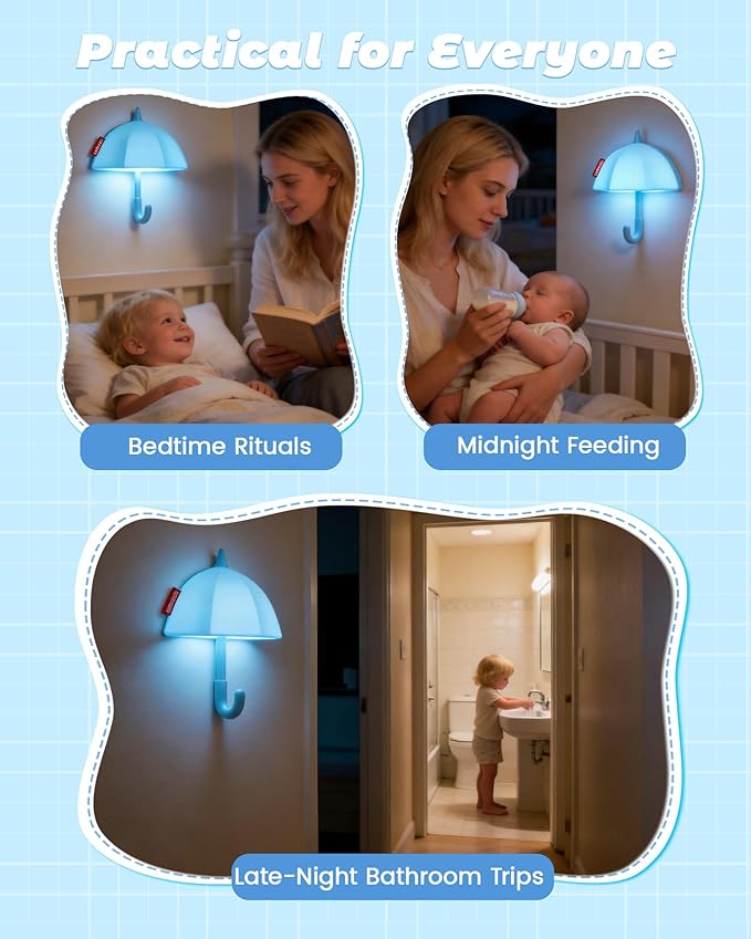 Kids Night Light Umbrella, Silicone Tap Control Magnetic Bedside Lamp with Time Auto-Off, Cute Portable LED Nursery Light for Baby, Toddler, Bedroom and Keychain Holder