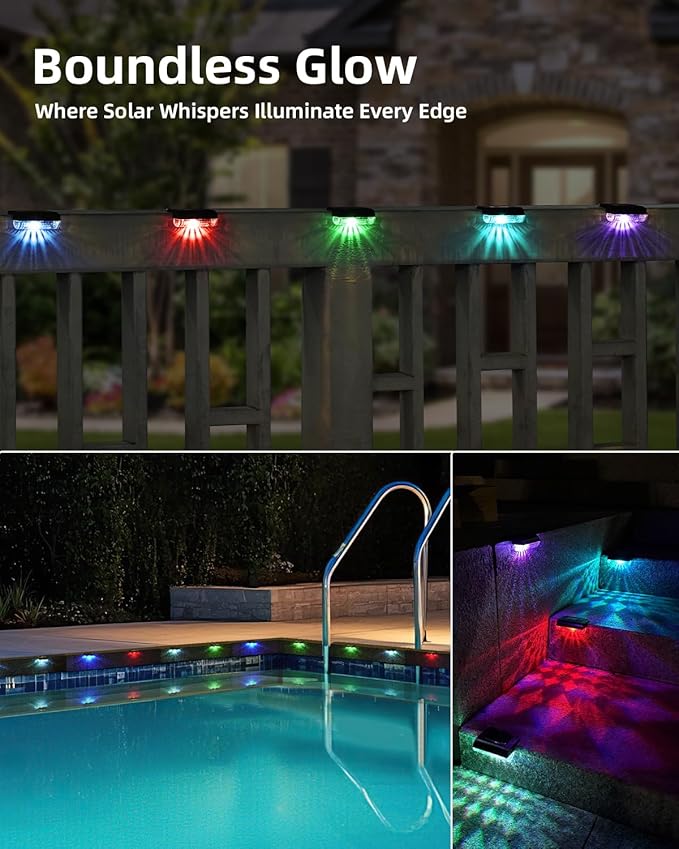 16 Pack Solar Deck Step Lights Outdoor, RGB Solar Fence Lights Led Auto Dusk-to-Dawn, Waterproof Color Changing for Step, Fence, Railing Patio, Balcony- 3000K Warm White