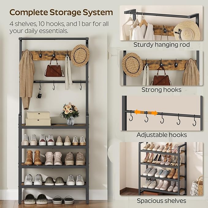 Hall Tree, Coat and Shoe Rack, Entryway Coat Rack with 4-Tier Wooden Shoe Rack and 10 Hooks, Freestanding Hall Tree with Shoe Storage for Entryway, Hallway, Rustic Brown and Black MT09BR