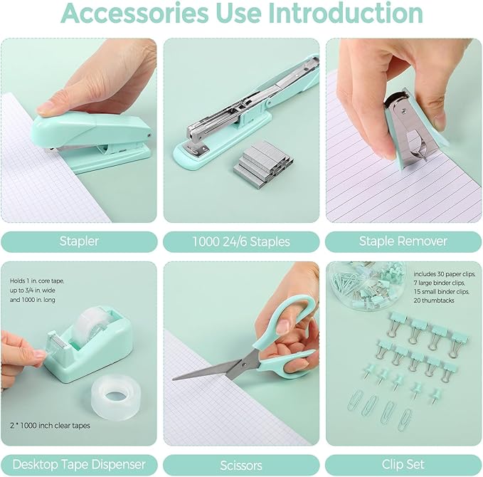 SKYDUE Teal Office Supplies Set - Desk Accessories, Stapler, Tape Dispenser, Scissors, Clips and 1000pcs Staples for Teachers