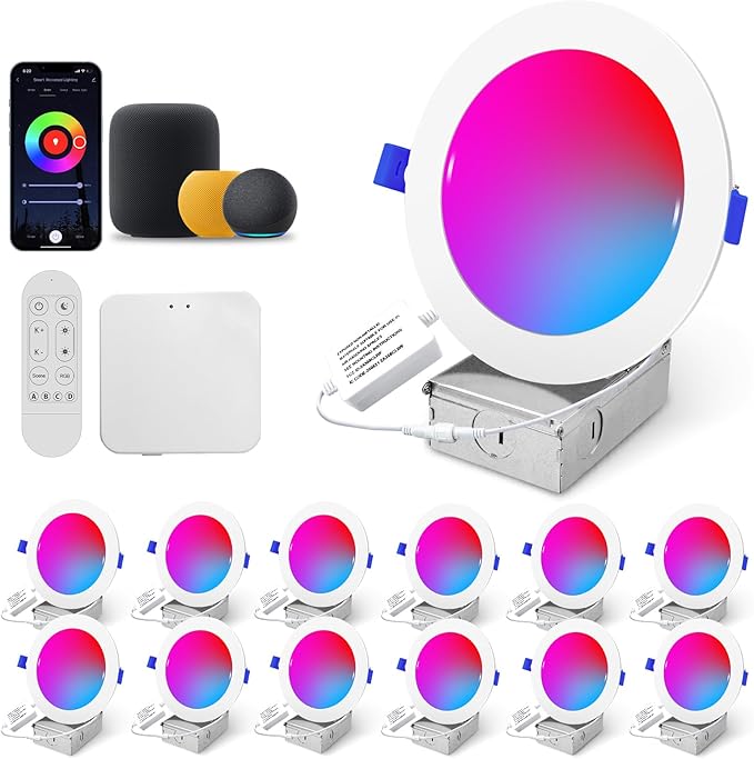 Wi-Fi & Bluetooth Smart Recessed Lighting 6 Inch RGB Downlight Can Lights – 13W 1100LM 93CRI, Ceiling Light with Signal-Boosting Mesh Gateway, Alexa/Google/Siri & Remote/App/Switch Control, 12 Pack