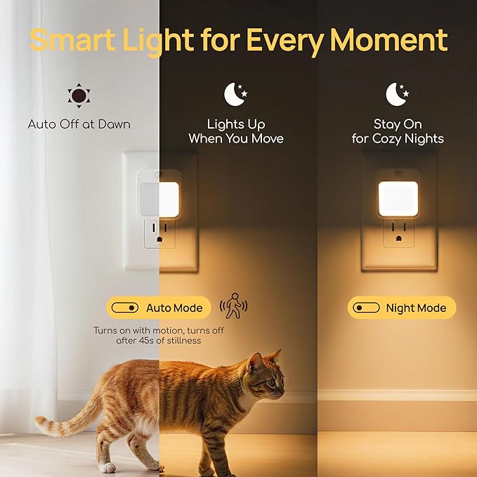 Plug-in Night Light with Motion Sensor, Dusk-to-Dawn Light Sensor, Stepless Dimming LED Night Lights for Bedroom, Hallway, Bathroom, Kids Room, Energy Efficient, 4-Pack