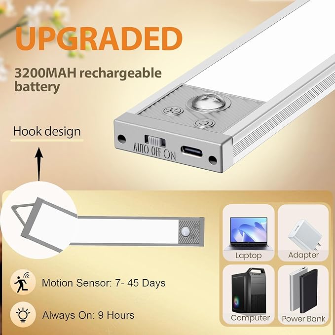 13.5Inch Under Cabinet Lighting, 3200mAh Under Cabinet Lights Motion Sensor 3 Color, Rechargeable 118LED Magnetic Light Bar Indoor,Wireless Battery Operated Closet Lights for Kitchen Home Stairs,2Pack