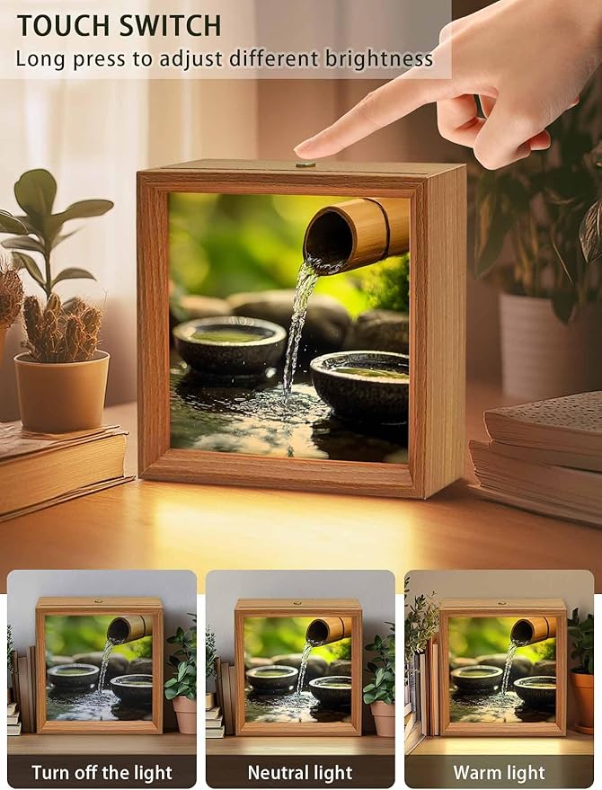 Wood Night Light Box 4.5x4.5in,Zen Meditation Lake Water Table Lights Wooden Picture Frame with USB Rechargeable Touch LED Lights for Home Decor Desktop Display,Natural Landscape