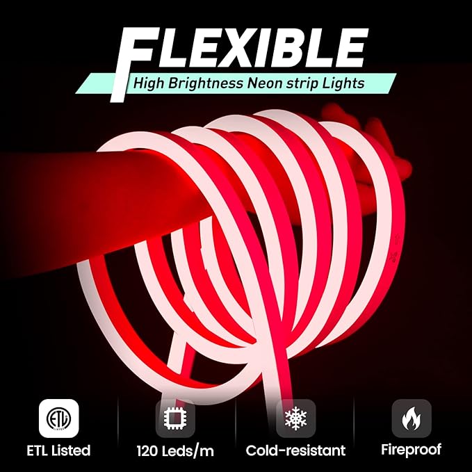 GZBtech Flexible LED Neon Rope Lights 33FT,AC 110-120V Waterproof Strip Light, 120 LEDs/M Cuttable Connectable Neon Lighting for Indoor Outdoor Home Decor/Commercial Building Use-Red 10M, ETL Listed