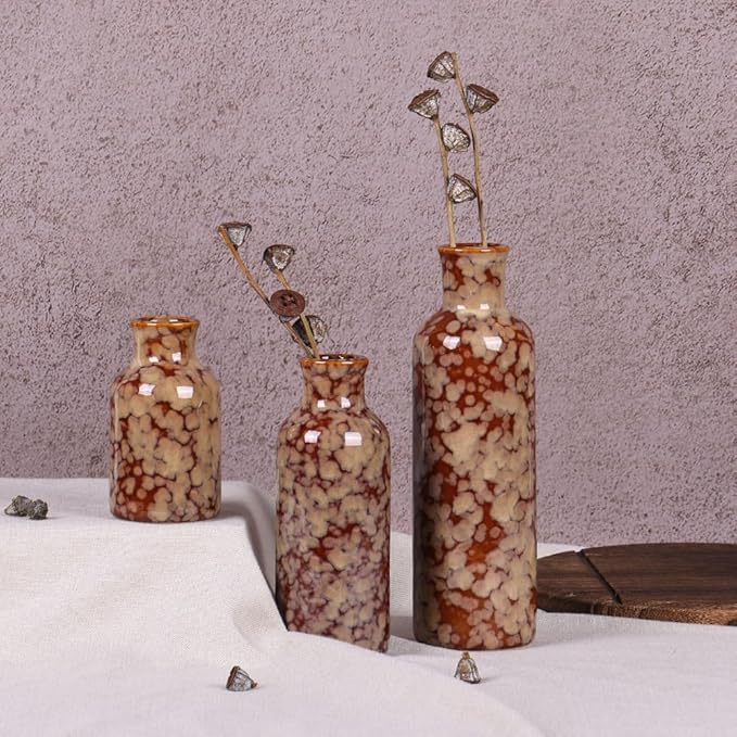 Ceramic Vase Set - 3 Crack Brown Small Vases, Farmhouse Country Flower Vase Home Decor, Living Room Decoration, Table Decoration, Fireplace Decor, and Entrance Decorations Centerpieces