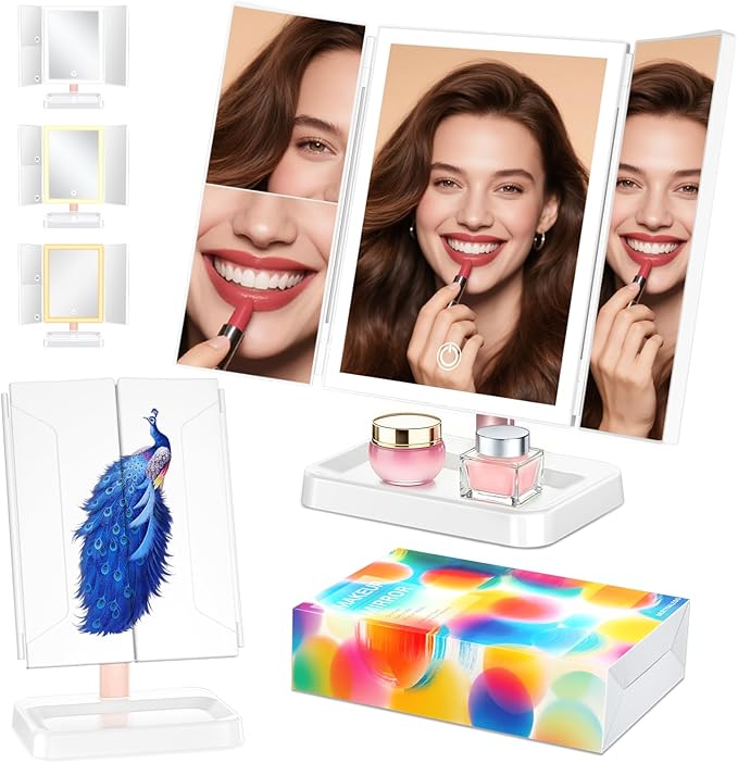 Makeup Mirror Vanity Mirror with Lights, 1X, 2X, 3X Magnification, 3 Color Lighting,Touch Sensor Dimmable, Light Up Tabletop Cosmetic Mirror