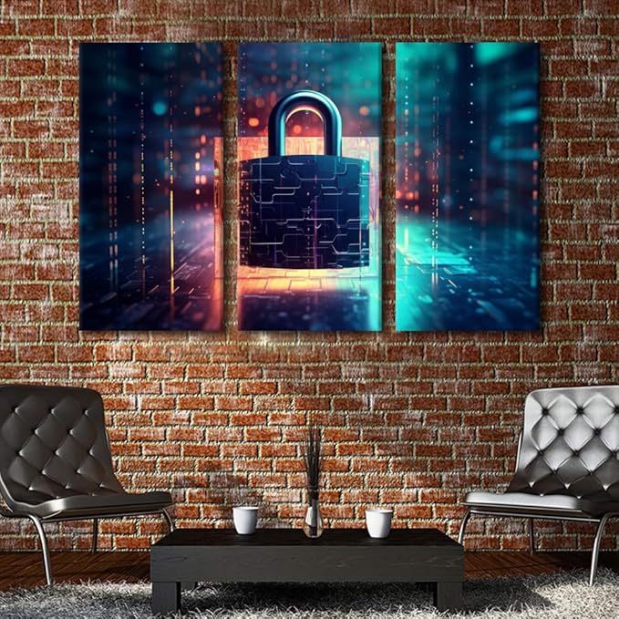 TUMOVO 3 Panel Cyber Security and Data Protection Concept Pictures Print On Canvas for Home Office Hotel Wall Decorations, Internet Security Artwork Stretched Framed Ready to Hang, 60" Wx40 H