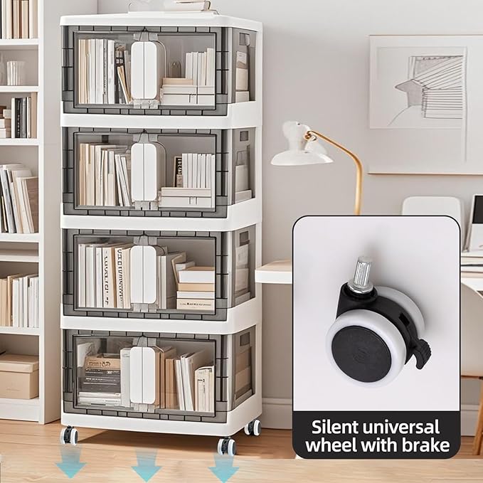 Folding Storage Organizer with Silent casters | Stackable Design for Home & Office, Heavy-Duty Plastic Storage Bin with Clear Door, 3 Sizes (19.5/23.5/27.5in),Black/White (23.6" 4 layer, White)