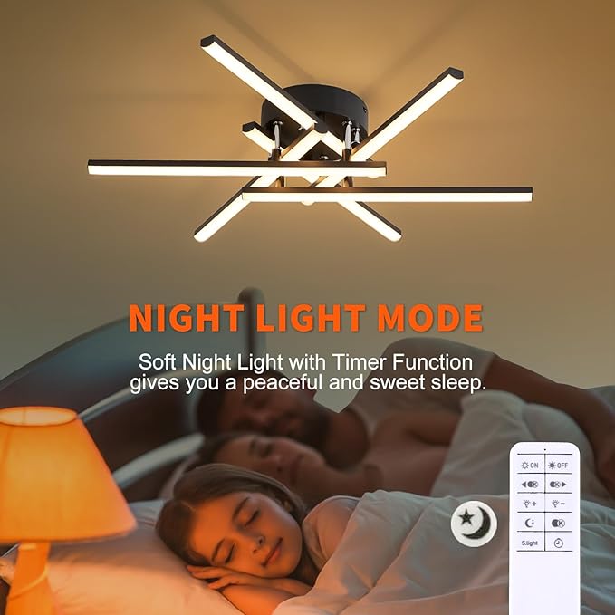 Modern LED Ceiling Lights - Dimmable with Remote, 24in Black Flush Mount Fixture for Living Room, Bedroom, Kitchen, Dining Room