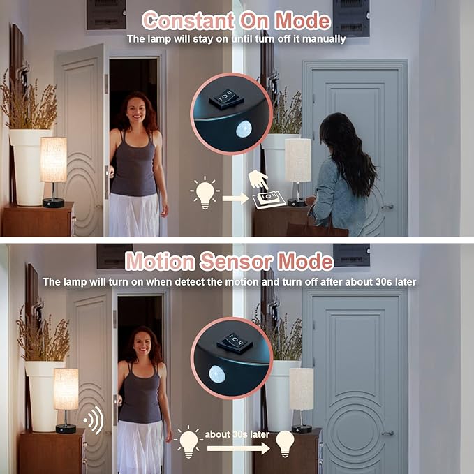 Table Lamp with Motion Sensor and Constant on Mode, USB Lamp Include Warm White Bulb, Built in USB Port & AC Outlet, Bedside Lamp Idea for Bedroom Retro Cream
