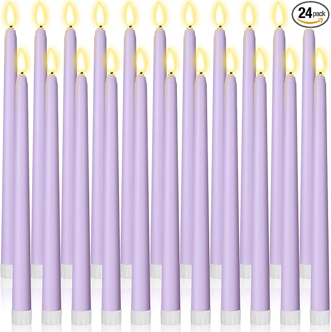 Macarrie 24 Packs Flameless Taper Candles Battery Operated Fake 11 Inch Long Candlelight LED Flameless Candlesticks Flickering Tapered for Spring Summer Wedding(Lavender Purple)