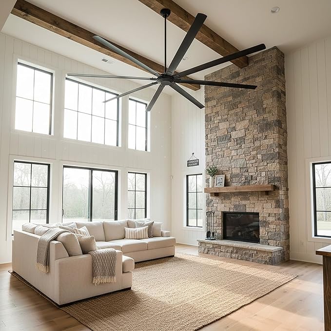 120 Inch Ceiling Fans without Lights High Airflow Industrial Black Ceiling Fan for Shop Garage Barn, 6-Speed Reversible DC Motor Big Commercial Fan with Remote Control, 6 Aluminum Blades, ETL