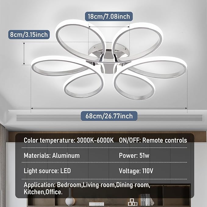 26inch Modern LED Ceiling Light, 6 Rings Flower Flush Mount Light Fixture with Remote Control Chrome Dimmable Ceiling Lamp for Living Room, Bedroom, Dining Room, Hallway, Kitchen
