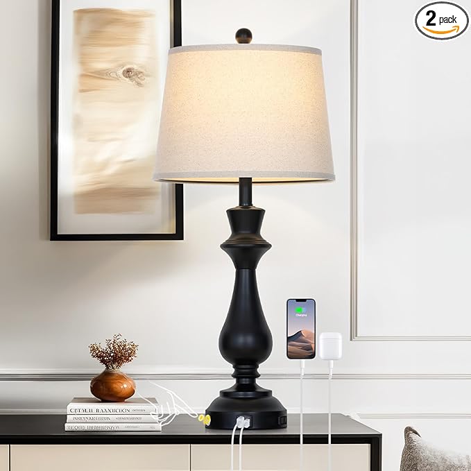 Touch Lamps for Night Stand - 29.5" Tall Bedside Lamp with USB C+A, 3 Way Dimmable Bedroom Lamps, Black Metal Table Lamps for Living Room,Single Black