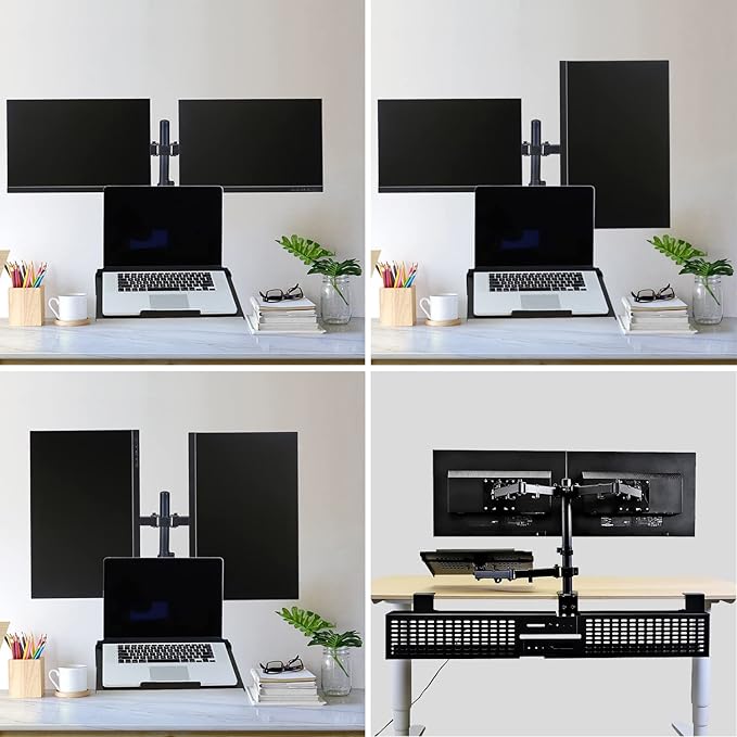 AEONS Dual Monitor and Laptop Desk Mount Combo Stand with Notebook Tray fits 17 inch, 3-in-1 Adjustable Triple Arm Mount fits 27 inch LCD Screen with VESA, Clamp and Cable Management, Black