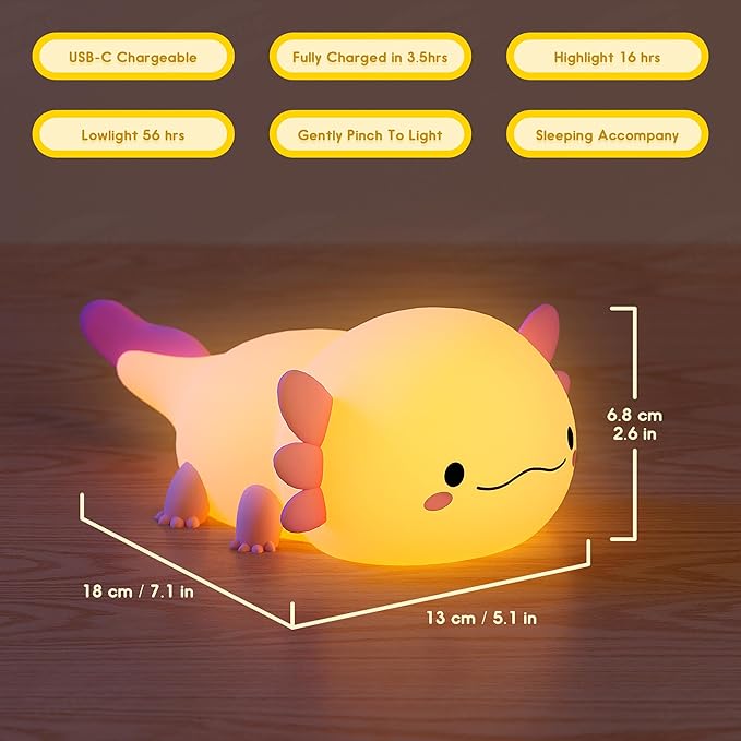 UNEEDE Axolotl Night Light for Kids, Animal Silicone Nursery Night Lamp, Rechargeable Table Lamp Bedside Lamp, Cute Room Decor Night Light for Bedroom Living Room Dining Desk Decor Gift Kawaii Toys