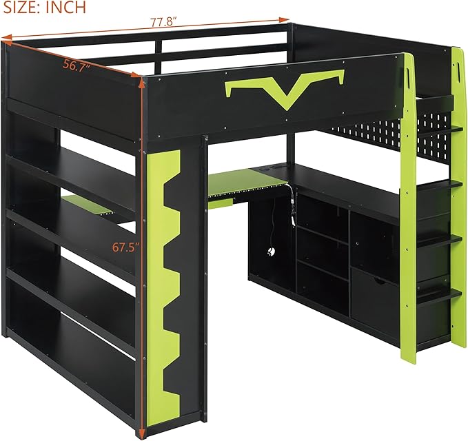 Full Size Gaming Loft Bed with Integrated Desk & RGB LED Lights,Bunk Bed with Power Outlet, Large Bookshelf, Pegboard, Keyboard Tray & Drawer (Green-Bo, Full)