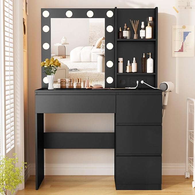 Fameill Black Makeup Vanity with 10 Lights & Power Outlets, Big Vanity with 3 Storage Compartments, Vintage Vanity Set with Large Drawer and Cabinet, 45in