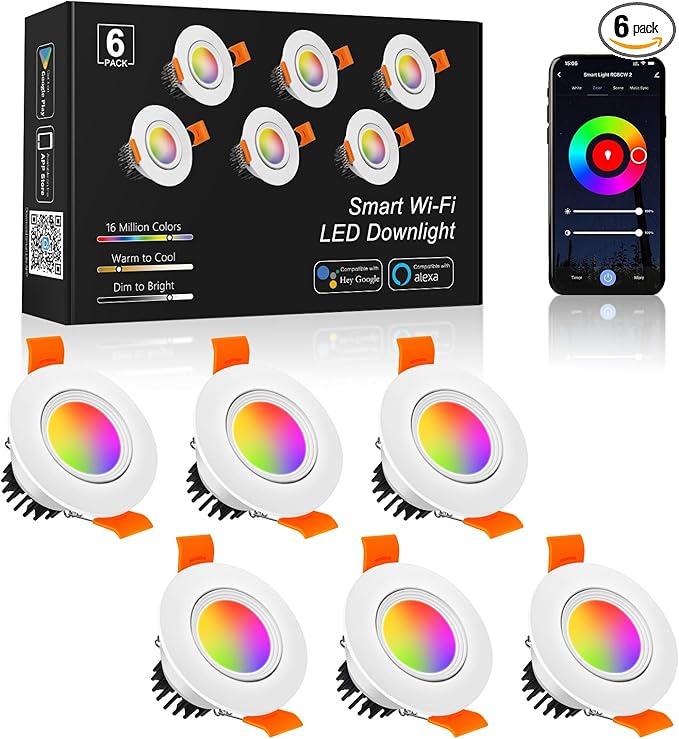 6 Pack 2 Inch Smart LED Recessed Lighting, 5W WIFI Recessed LED Lights, Dimmable RGB & CCT 2700-6500K Color Changing, 110V Recessed Light Compatible with Alexa and Google Home, with LED Driver