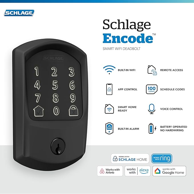 Schlage Encode Smart Wi-Fi Deadbolt Lock with Touchscreen Keypad, Keyless Front Door Entry, App Control, Alexa, Google Home and Airbnb Compatible, Matte Black, BE489WB GRW 622