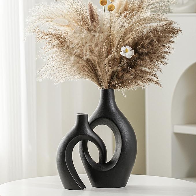 Extra LargeMatte Black Ceramic Vase Set of 2 Vase for Pampas Grass, Modern Circle Donut Aesthetic Flower Decorative Vases for Nordic Style Boho Home Decor (W 6.8" X H 11")