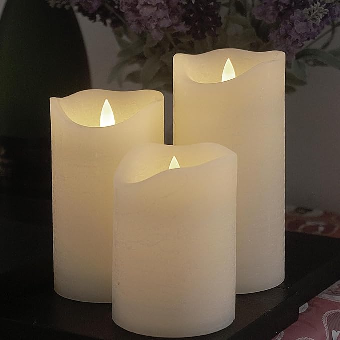 Flameless Candles Flickering Set of 3 (D 3’’ x H 4’’ 5’’ 6’’) Real Wax Battery Operated LED Candle with Timer Home Decorative Pillar Lights,Wedding Party Events Decor,White