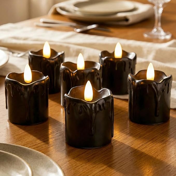 Eywamage Black Dripping Wax Flameless Votive Candles with Timer Batteries, Flickering 2x2 inch Small LED Candles Set of 6